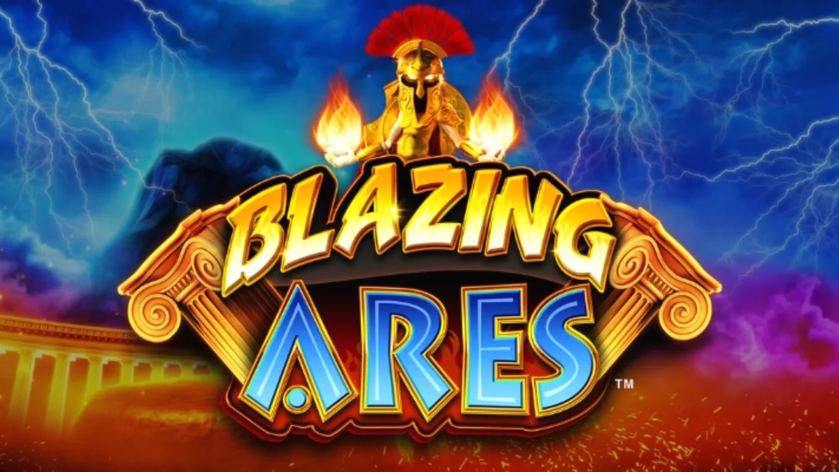 หน้าจอเกมสล็อต Blazing Ares ที่เต็มไปด้วยสัญลักษณ์เทพเจ้ากรีกและเปลวไฟ